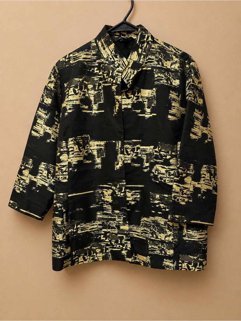 Misook Black Jacket with Yellow Abstract Brush Print